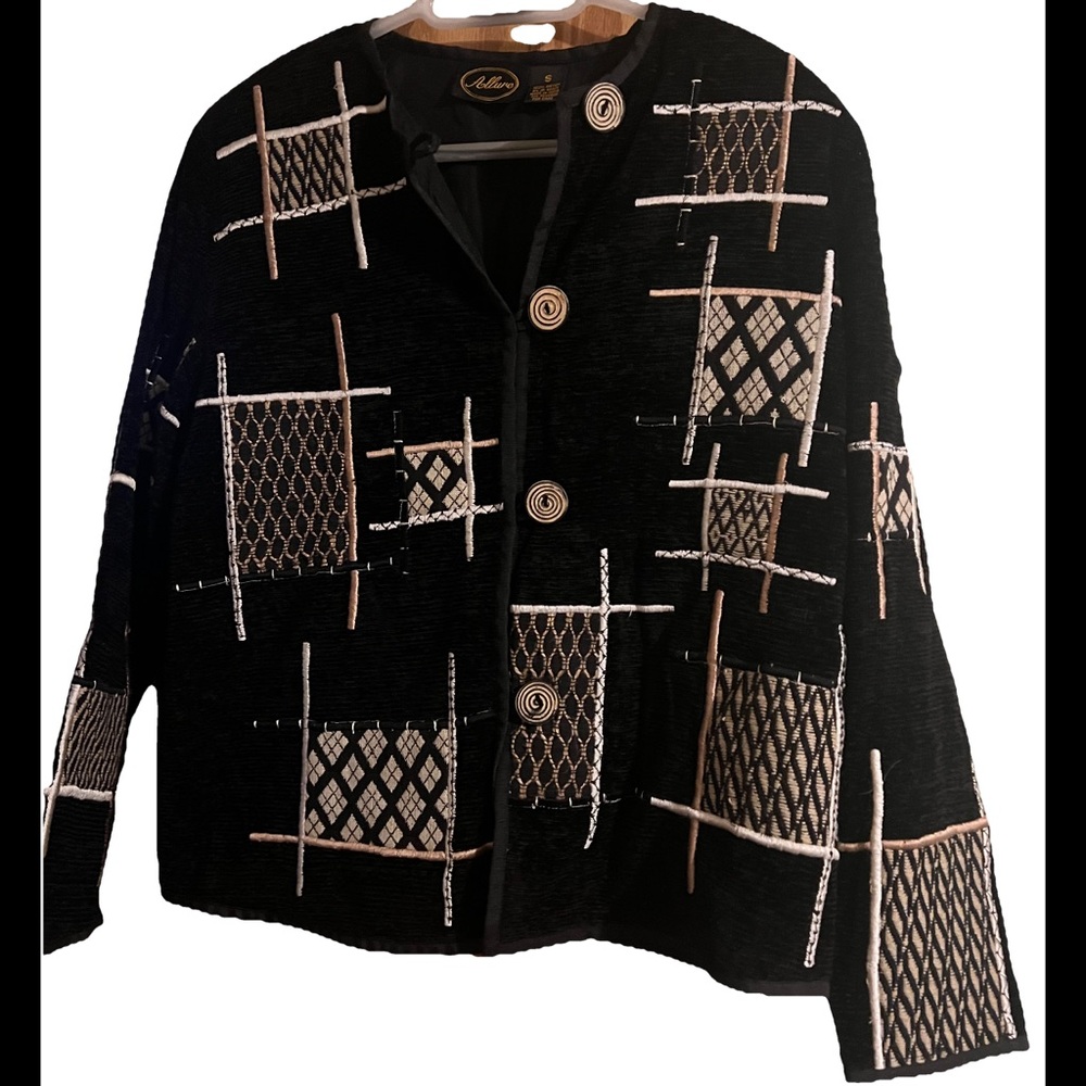 Allure VTG 90’s women black animal geometric Boho appliqué texture Jacket Sz Sm